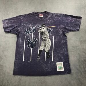 Vintage New York Yankees Baseball Graphic T Shirt Men's Large Blue 90s Nutmeg